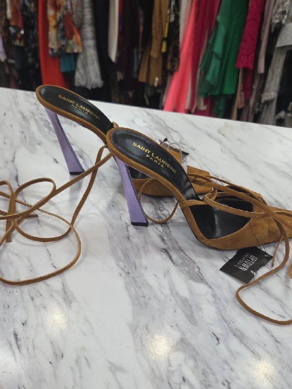 Saint Laurent Tan Suede Lace-Up Sandal with Lilac Block Heel - Picture 3 of 9